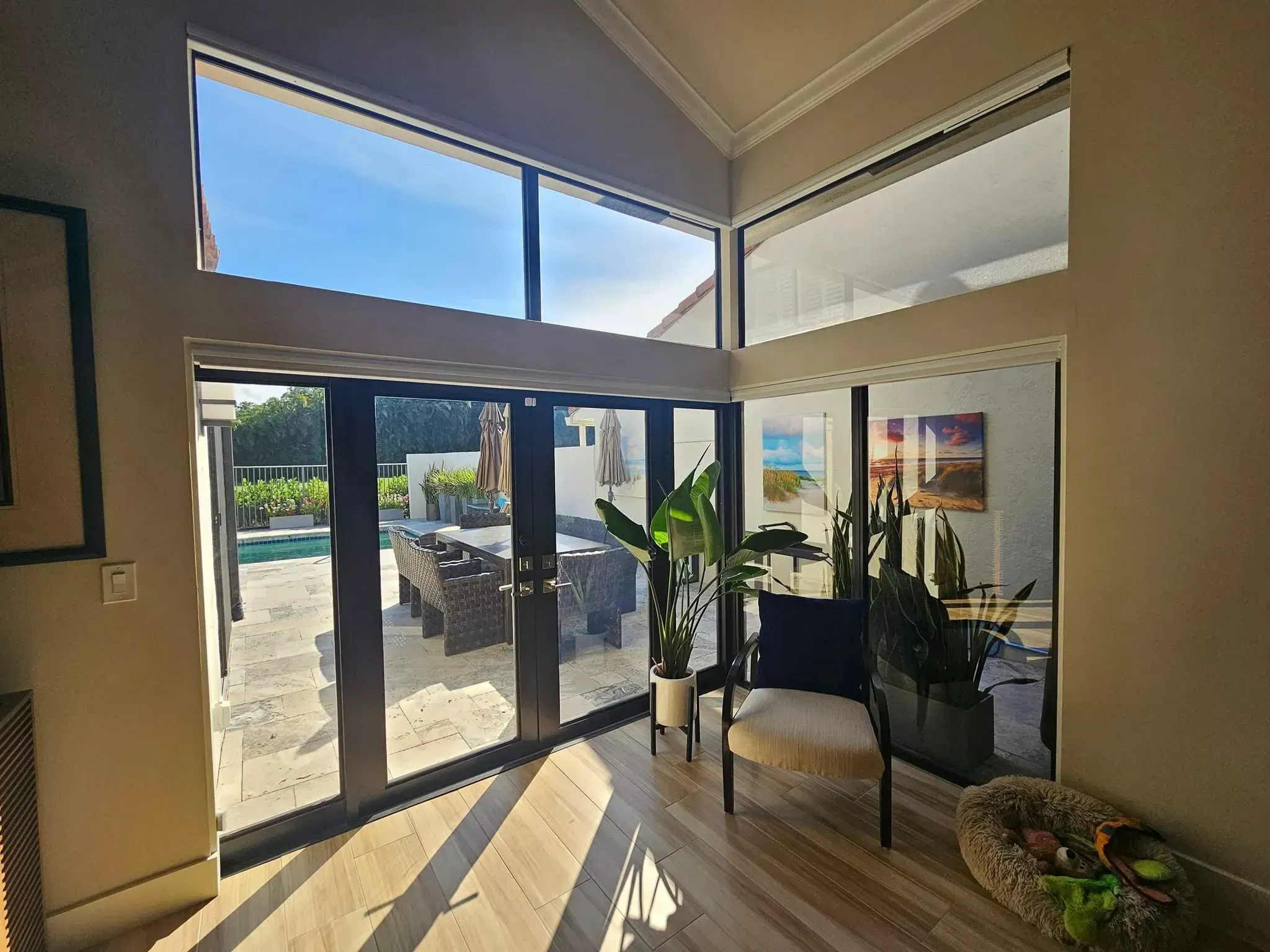 Dark-framed French doors, fixed glass panels and clerestory windows opening onto a pool patio